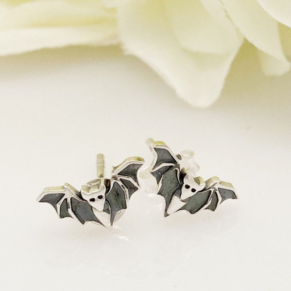 Tiny Oxidized Sterling Silver Bat Post Earrings